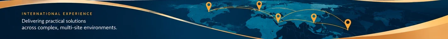 International experience — delivering practical solutions across complex, multi-site environments, illustrated by a gold route network across Europe and the Middle East
